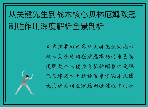 从关键先生到战术核心贝林厄姆欧冠制胜作用深度解析全景剖析