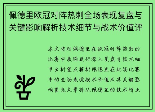 佩德里欧冠对阵热刺全场表现复盘与关键影响解析技术细节与战术价值评估