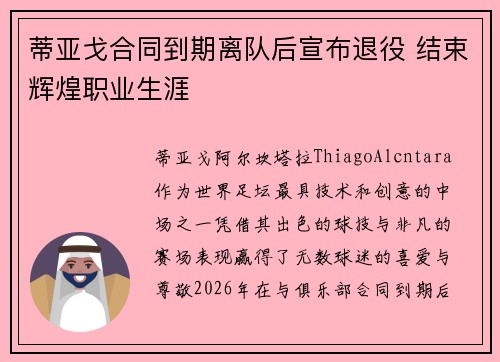 蒂亚戈合同到期离队后宣布退役 结束辉煌职业生涯